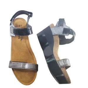 sz 40 Naot Miracle Platform Sandals Open toe Ankle Strap Black Silver Metallic